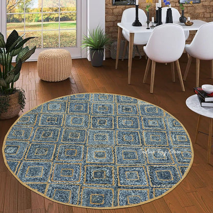 Alfombra de yute y algodón trenzada a mano en color azul y beige para sala de estar