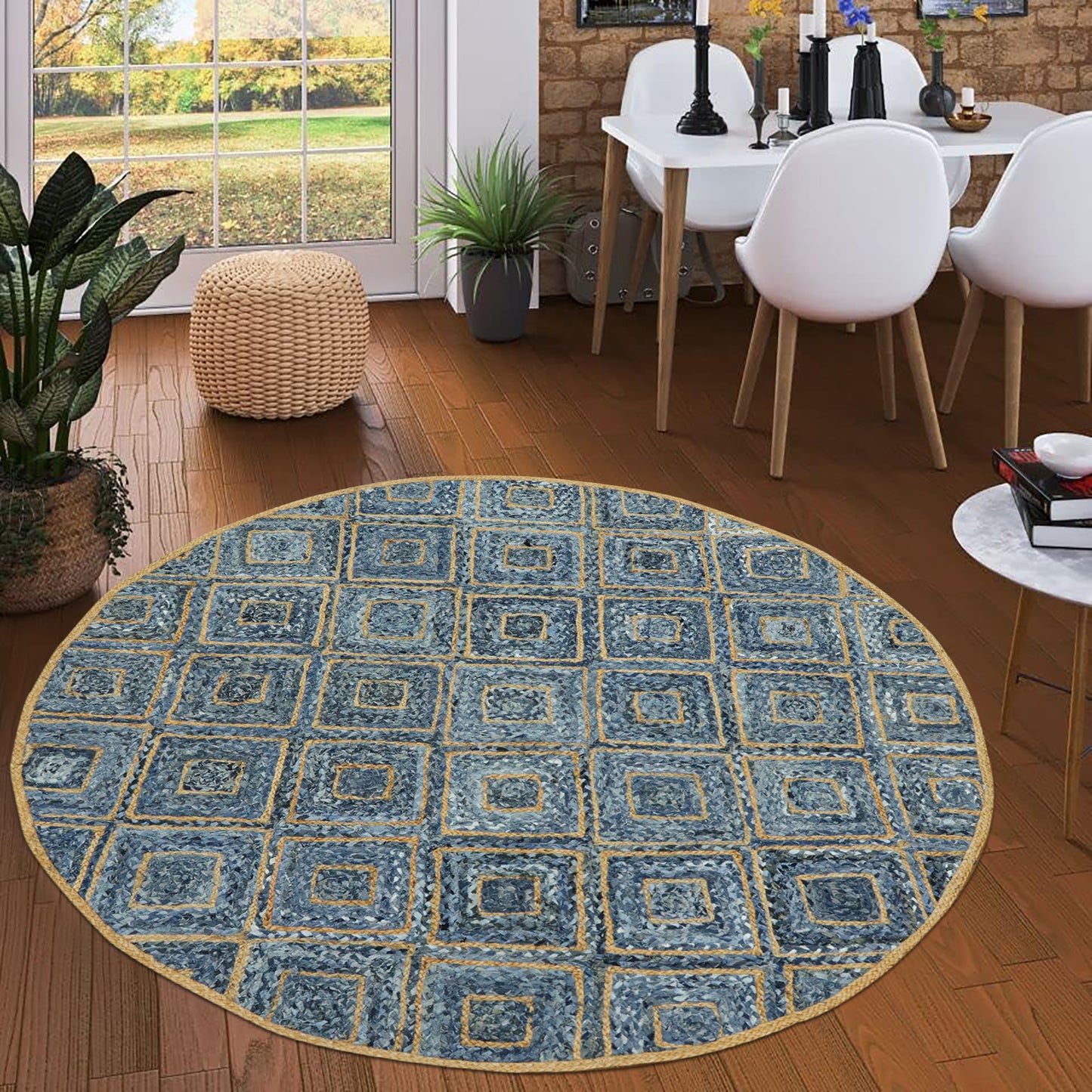 Blue Beige Hand Braided Round Living Room Cotton Jute Rug - Indian Rug Store