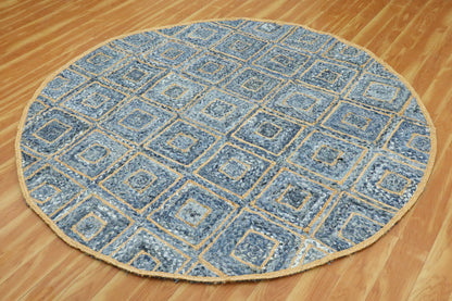 Blue Beige Hand Braided Round Living Room Cotton Jute Rug - Indian Rug Store