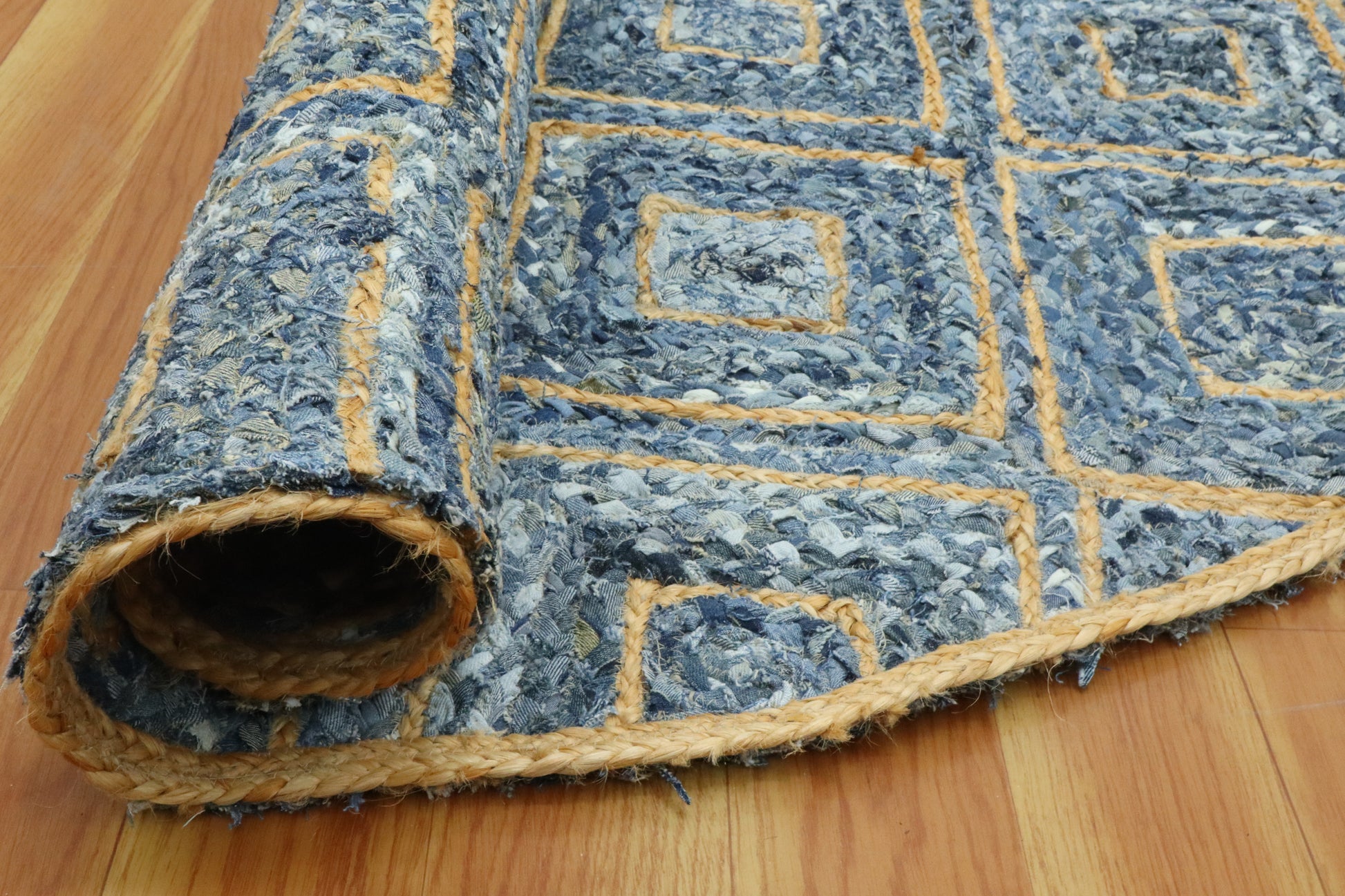 Blue Beige Hand Braided Round Living Room Cotton Jute Rug - Indian Rug Store