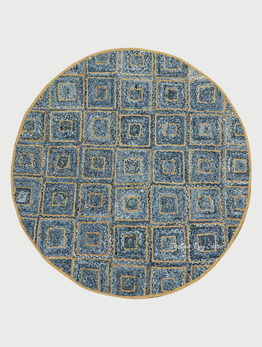 Blue Beige Hand Braided Round Living Room Cotton Jute Rug