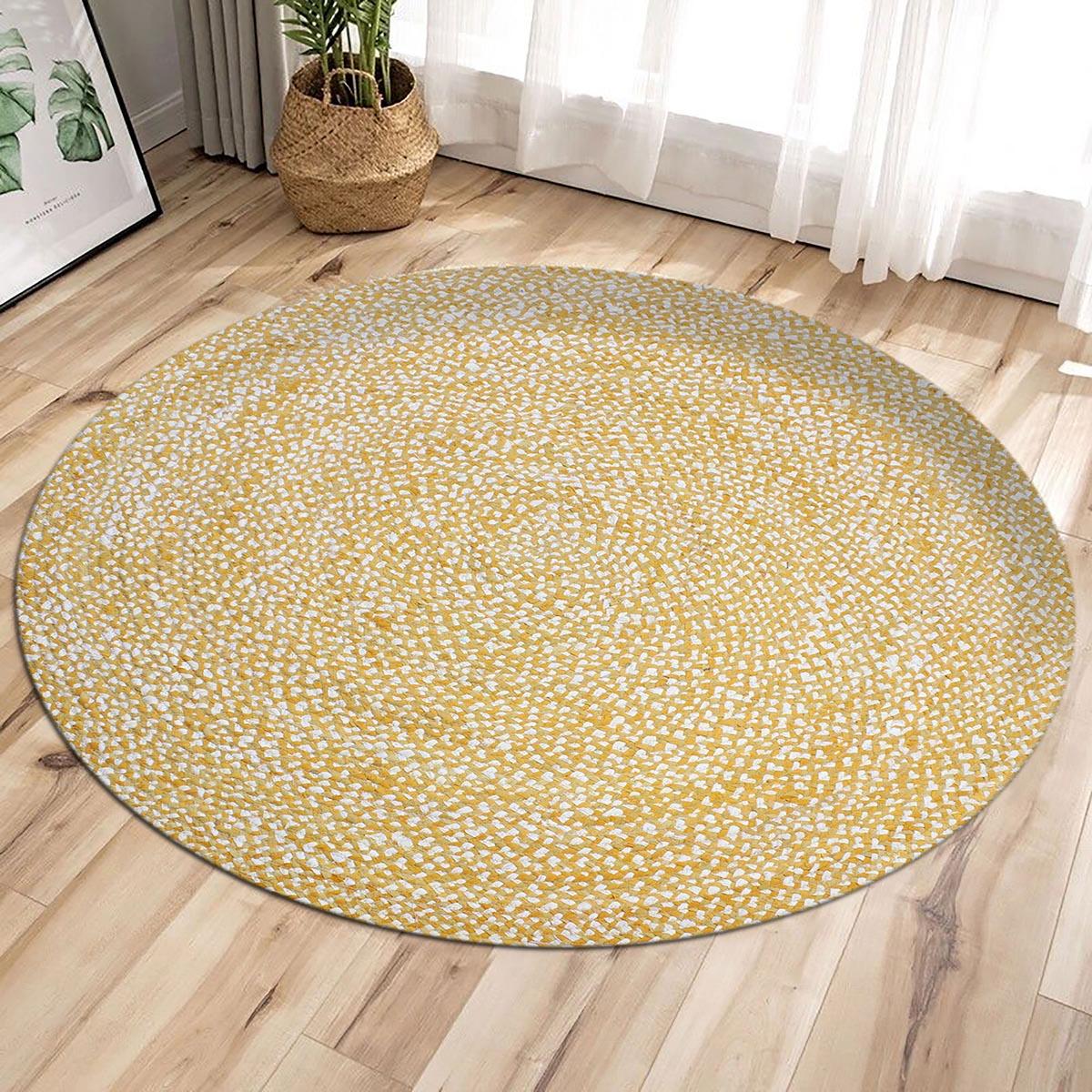 Oriental Yellow Hand Braided Cotton Chindi Lake House Round Area Rug - Indian Rug Store