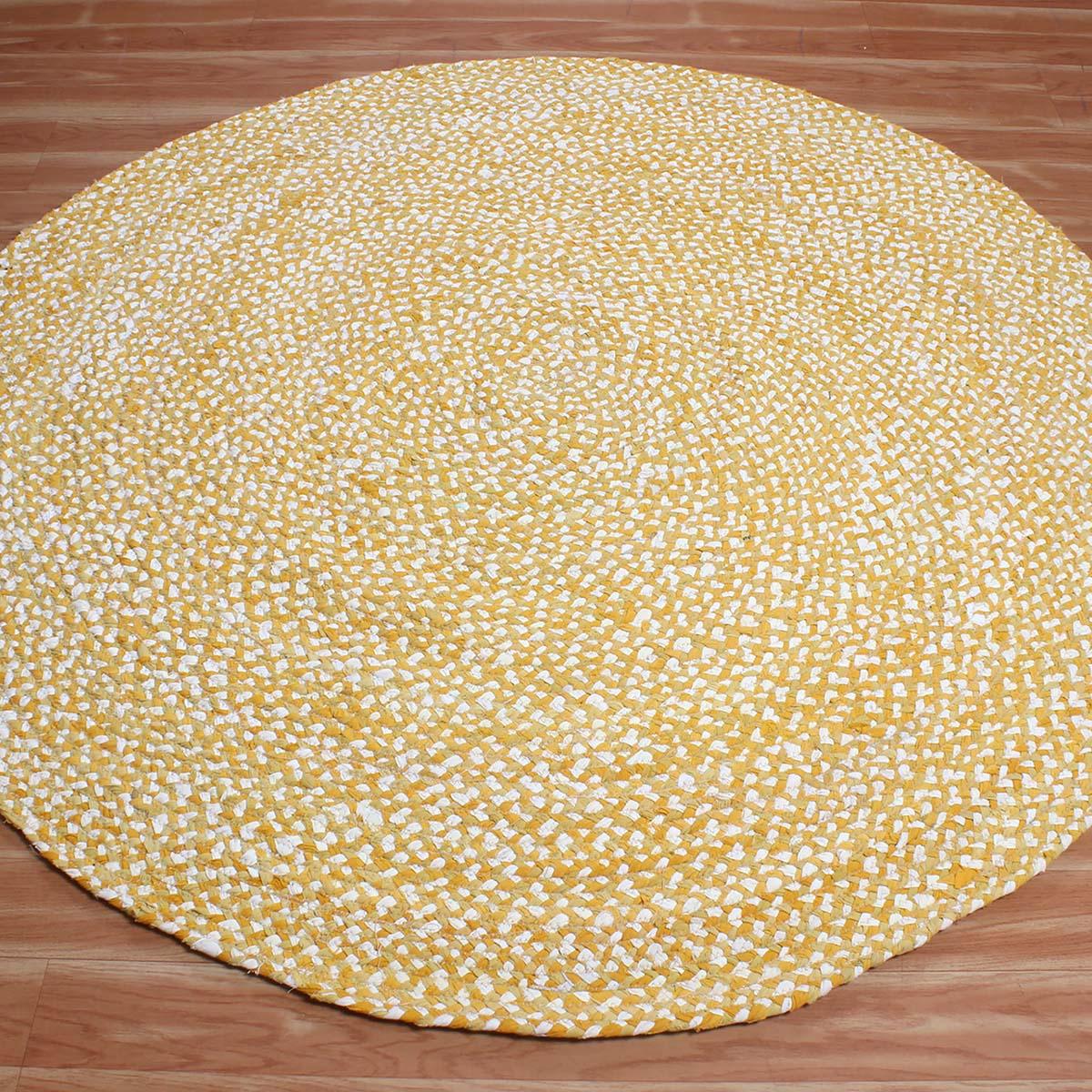 Oriental Yellow Hand Braided Cotton Chindi Lake House Round Area Rug - Indian Rug Store