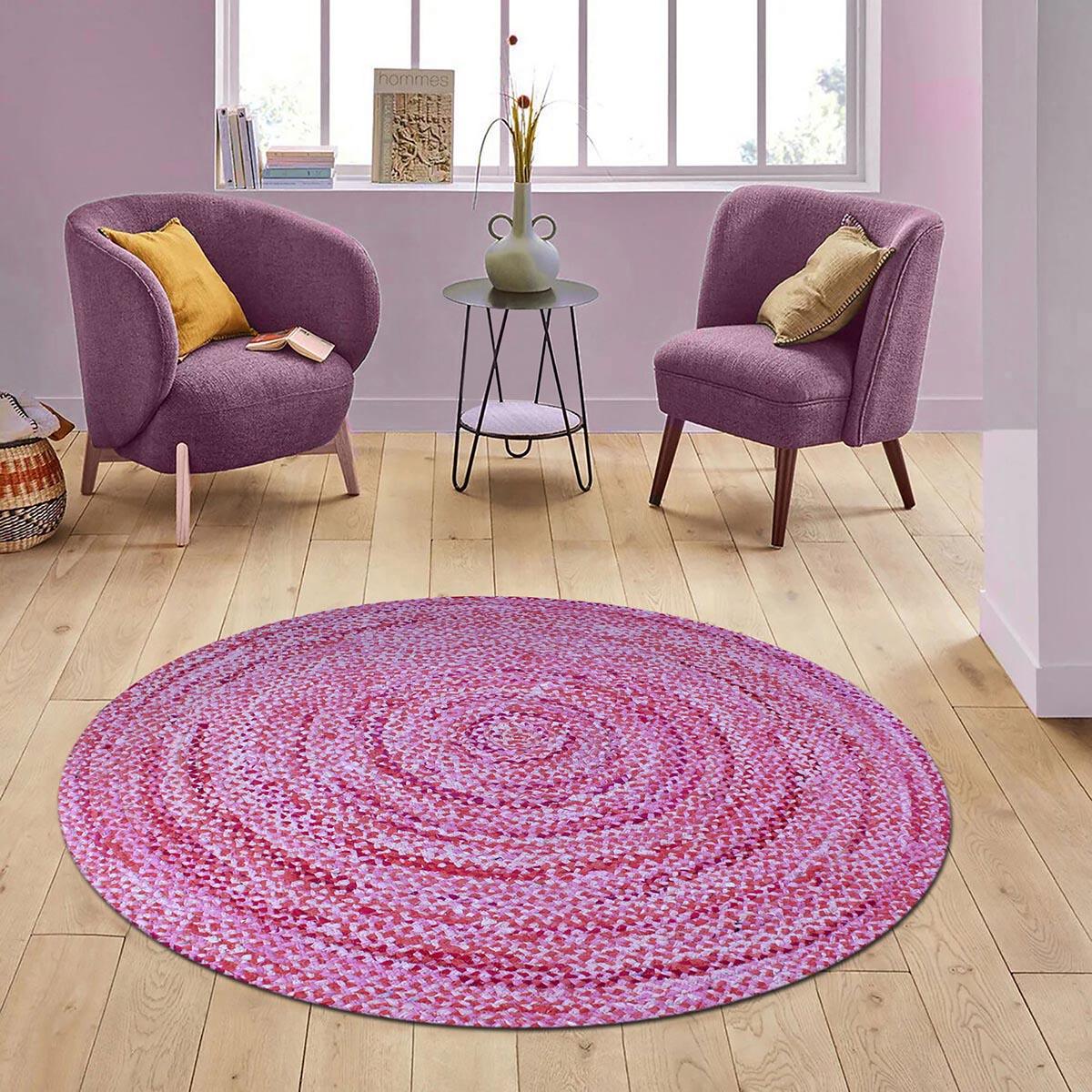 Beautiful Pink Hand Braided Cotton Chindi Home Decor Round Area Rug - Indian Rug Store