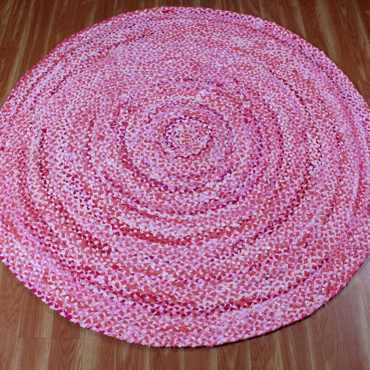 Beautiful Pink Hand Braided Cotton Chindi Home Decor Round Area Rug - Indian Rug Store