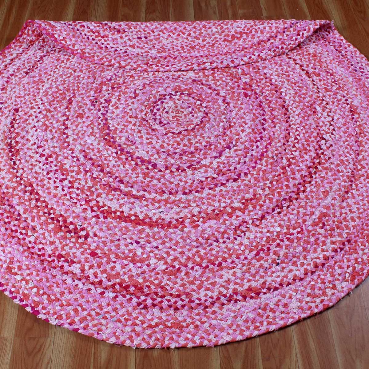 Beautiful Pink Hand Braided Cotton Chindi Home Decor Round Area Rug - Indian Rug Store