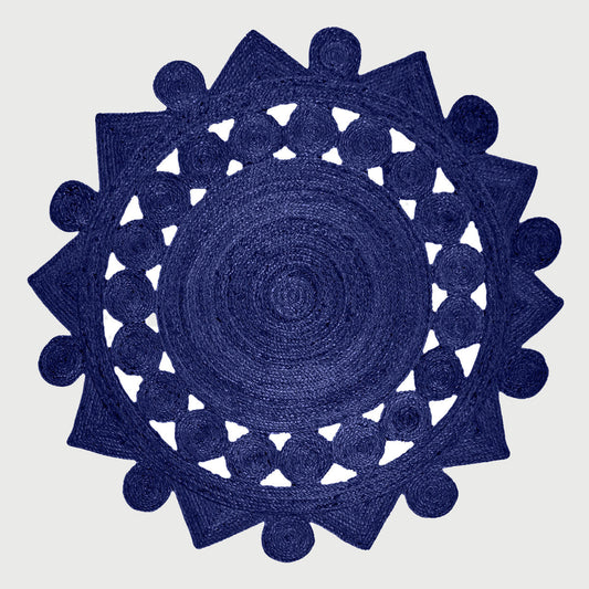 Royal Blue Hand Braided Round Interior Decor Jute Rug - Indian Rug Store