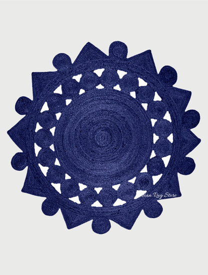 Royal Blue Hand Braided Round Interior Decor Jute Rug