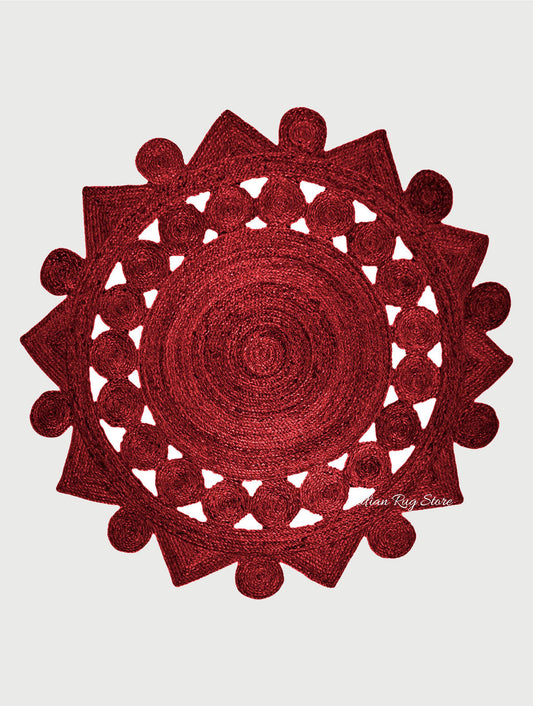 Maroon Hand Braided Round Interior Decor Jute Rug