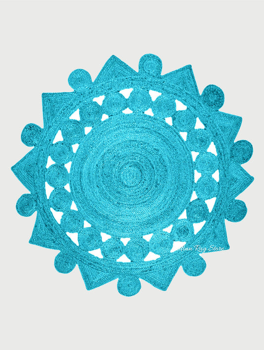 Turquoise Blue Hand Braided Round Interior Decor Jute Rug