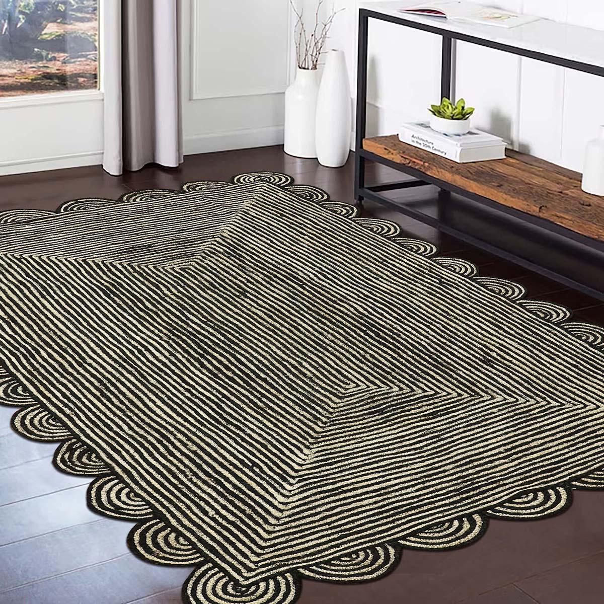 Oriental Black Beige Hand Braided Sea House Jute Area Rug - Indian Rug Store