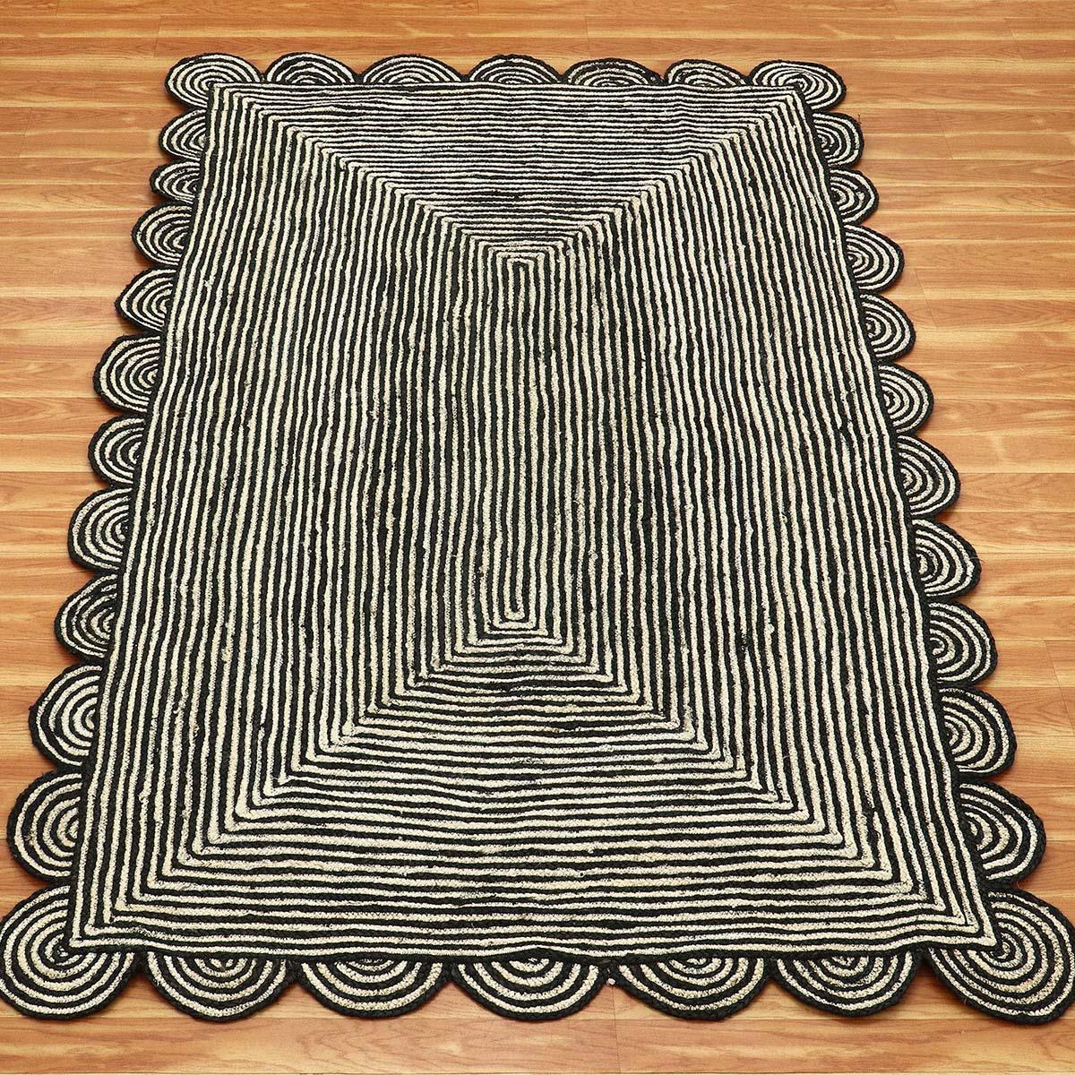 Oriental Black Beige Hand Braided Sea House Jute Area Rug - Indian Rug Store