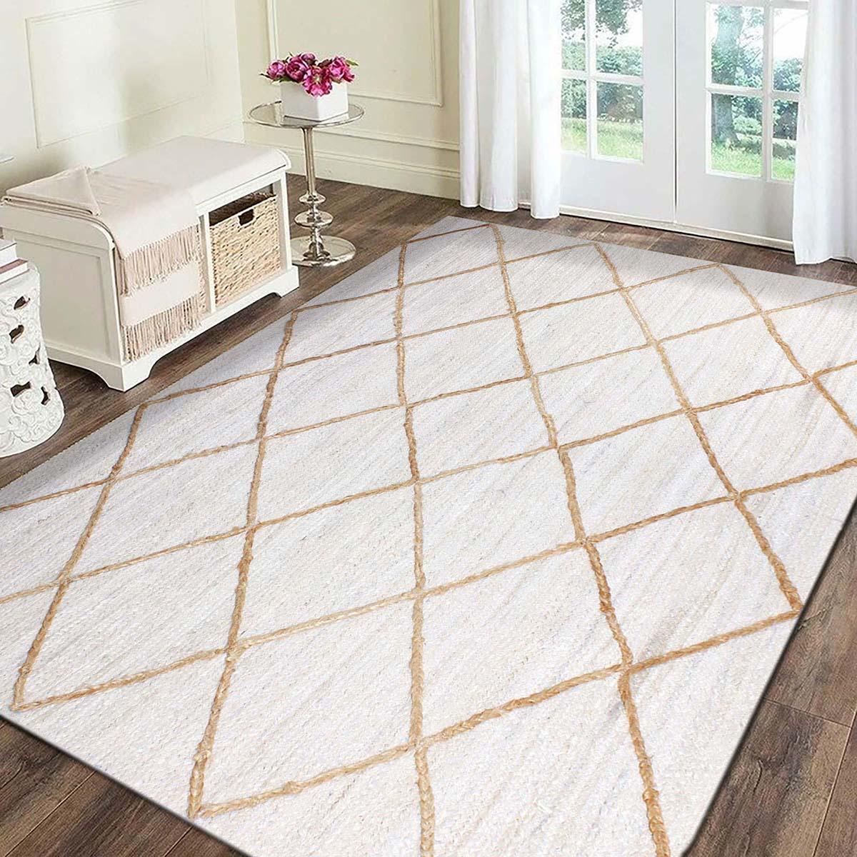 Traditional Beige White Hand Braided Outdoor Jute Area Rug - Indian Rug Store