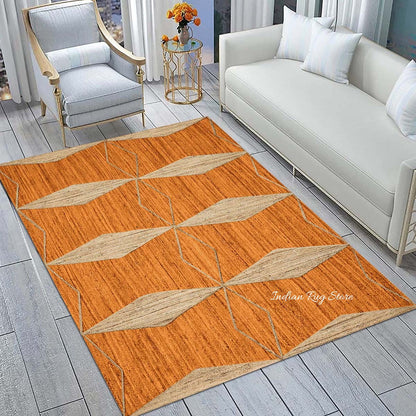 Traditional Orange Beige Hand Braided Living Room Jute Area Rug