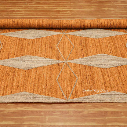 Traditional Orange Beige Hand Braided Living Room Jute Area Rug