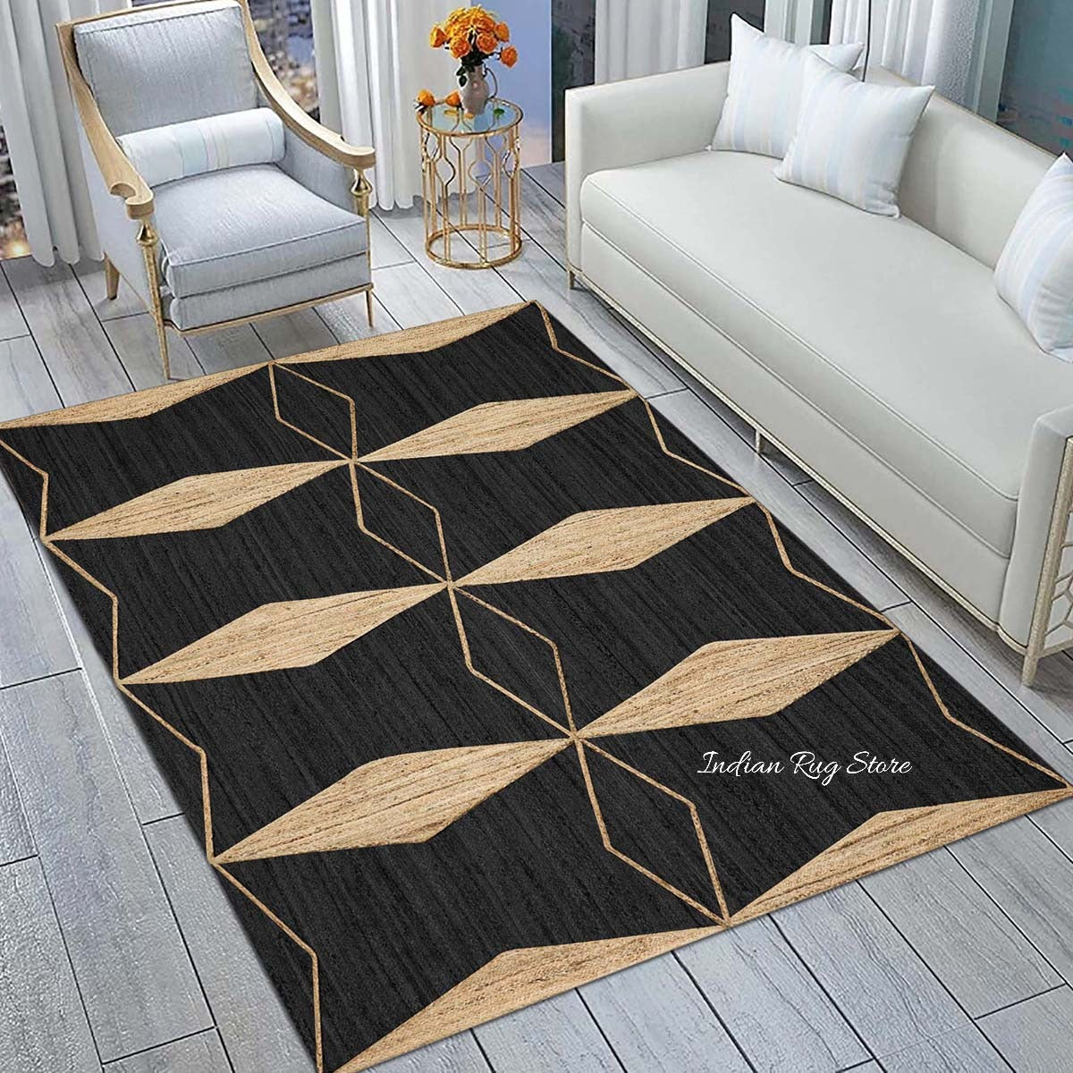 Attractive Black Beige Hand Braided Interior Jute Area Rug