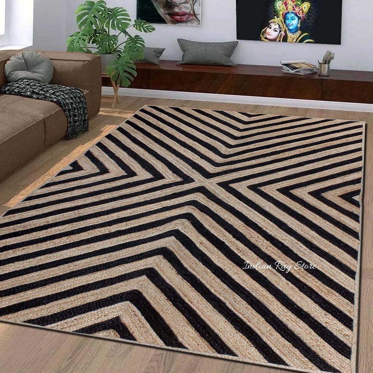 Attractive Black Beige Hand Braided Living Room Jute Area Rug