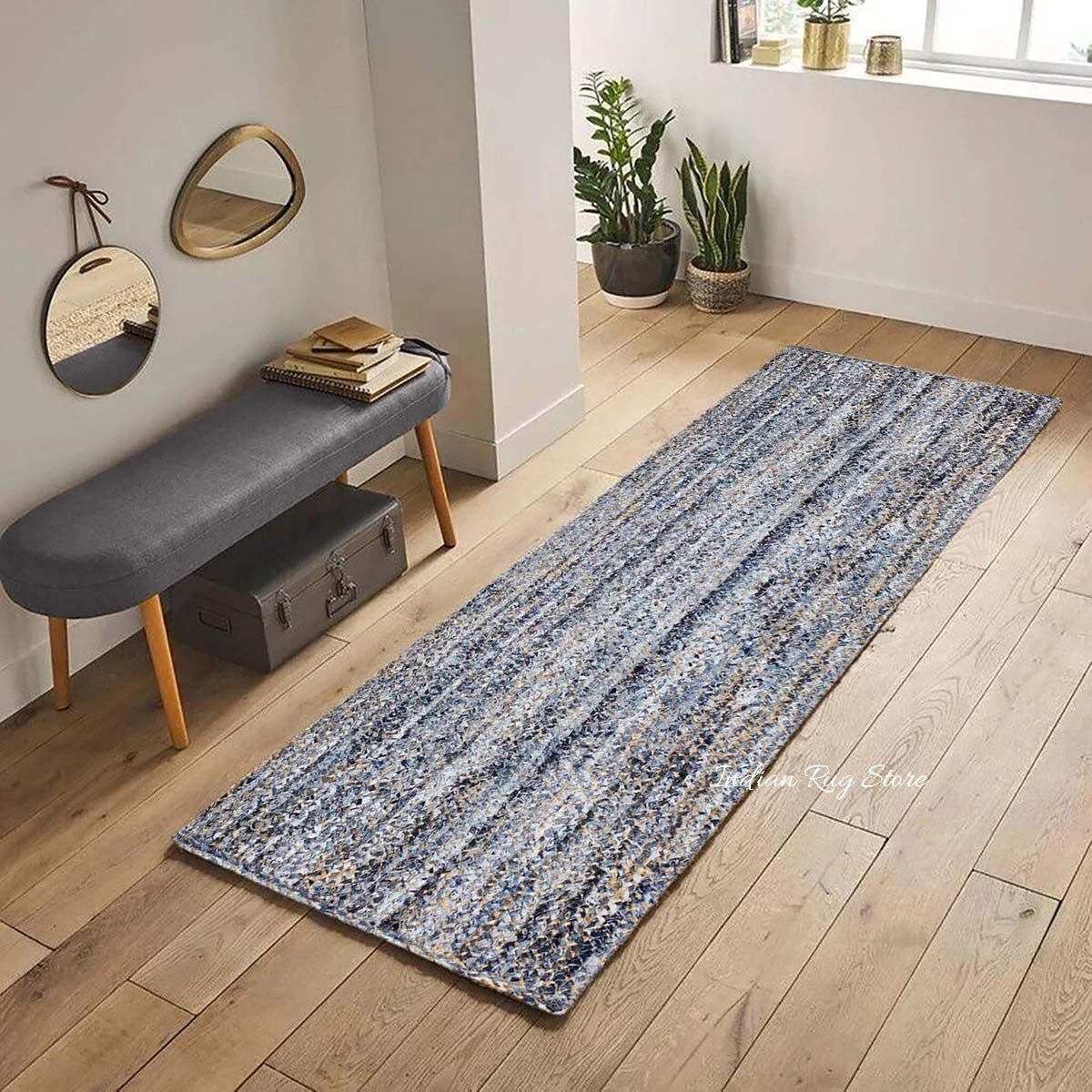 Farmhouse Decor Beige Blue Geomtrical Hand Braided Cotton Jute Rug