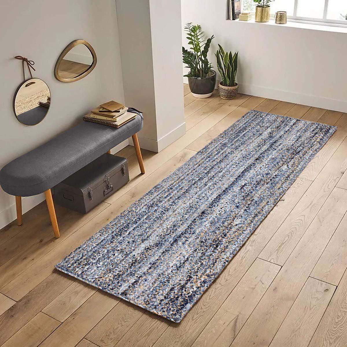 Farmhouse Decor Beige Blue Geomtrical Hand Braided Cotton Jute Rug - Indian Rug Store