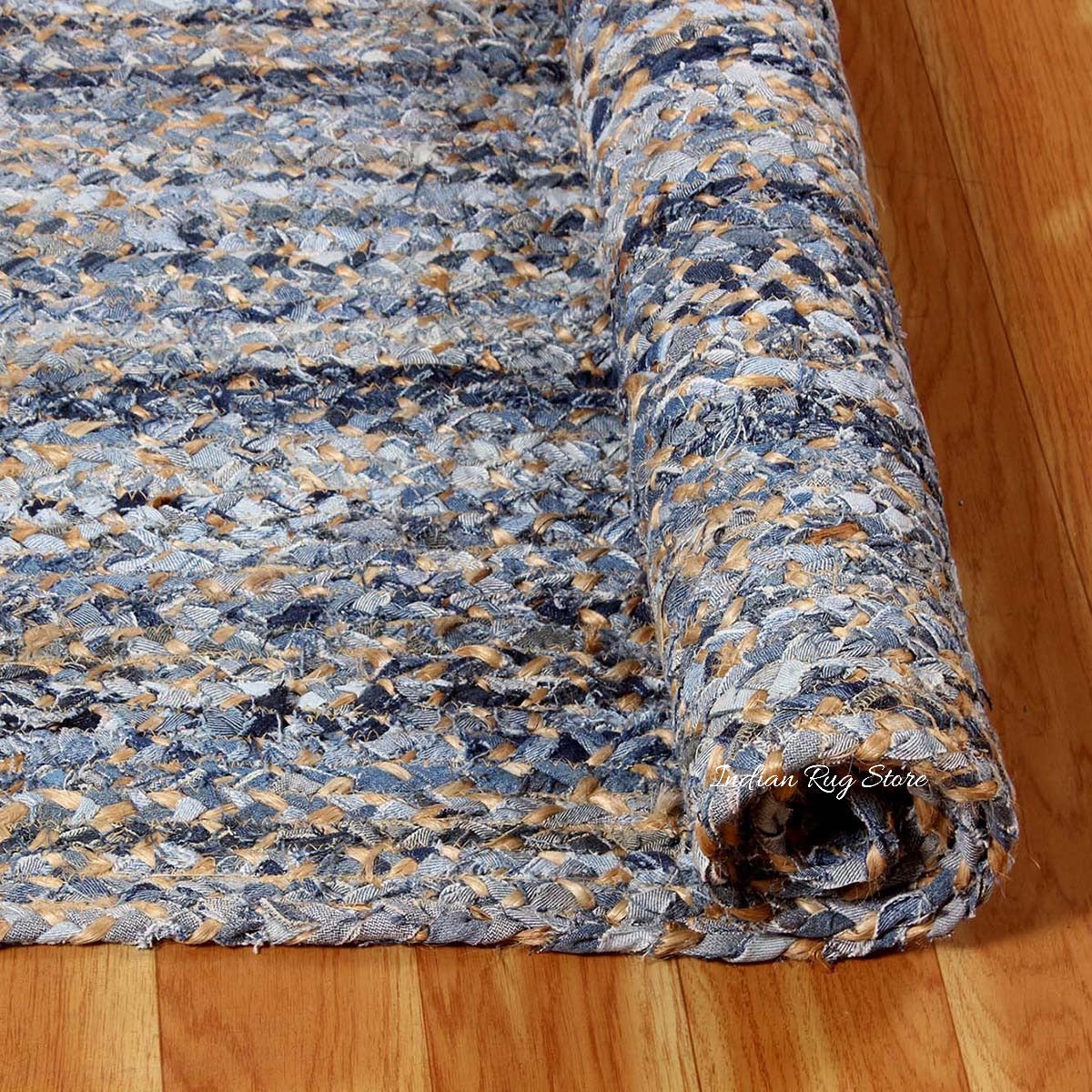 Farmhouse Decor Beige Blue Geomtrical Hand Braided Cotton Jute Rug