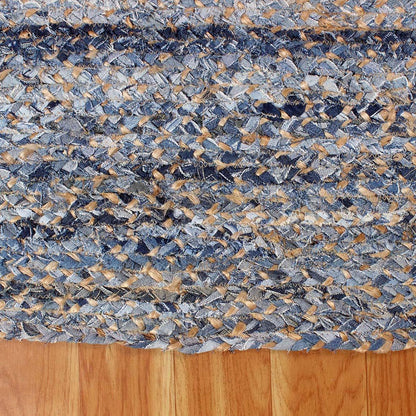 Farmhouse Decor Beige Blue Geomtrical Hand Braided Cotton Jute Rug - Indian Rug Store