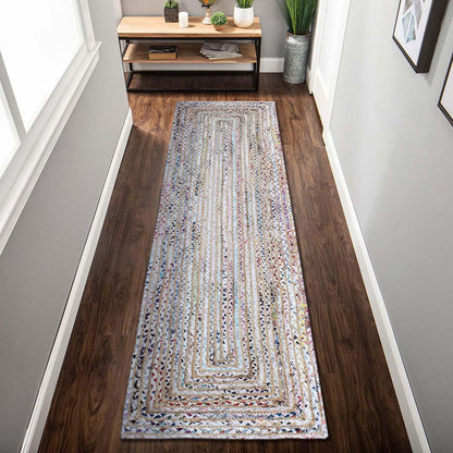 Beige Multicolor Hand Braided Geeometric Hallway Cotton Jute Rug - Indian Rug Store