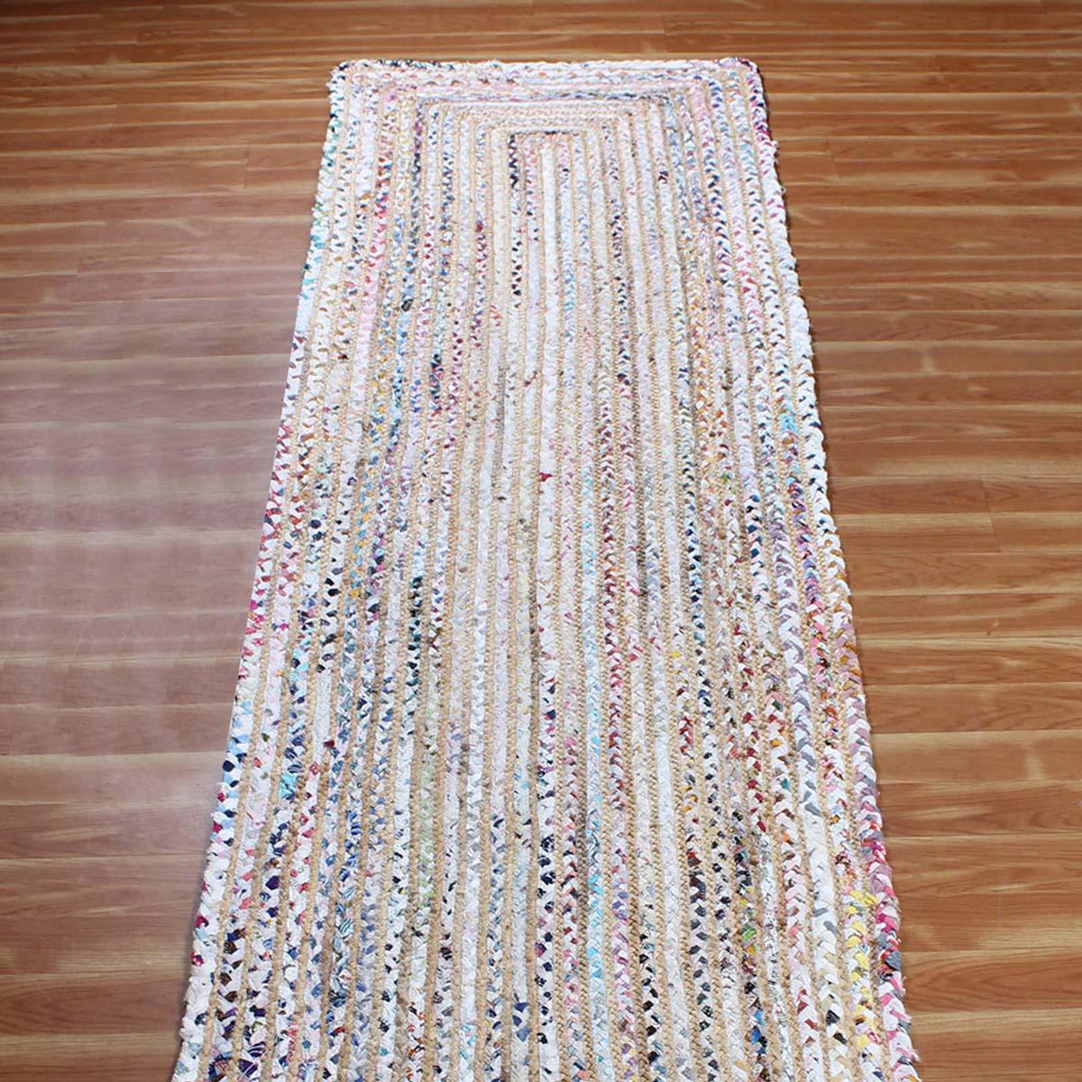 Beige Multicolor Hand Braided Geeometric Hallway Cotton Jute Rug - Indian Rug Store