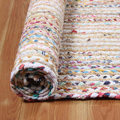 Beige Multicolor Hand Braided Geeometric Hallway Cotton Jute Rug - Indian Rug Store