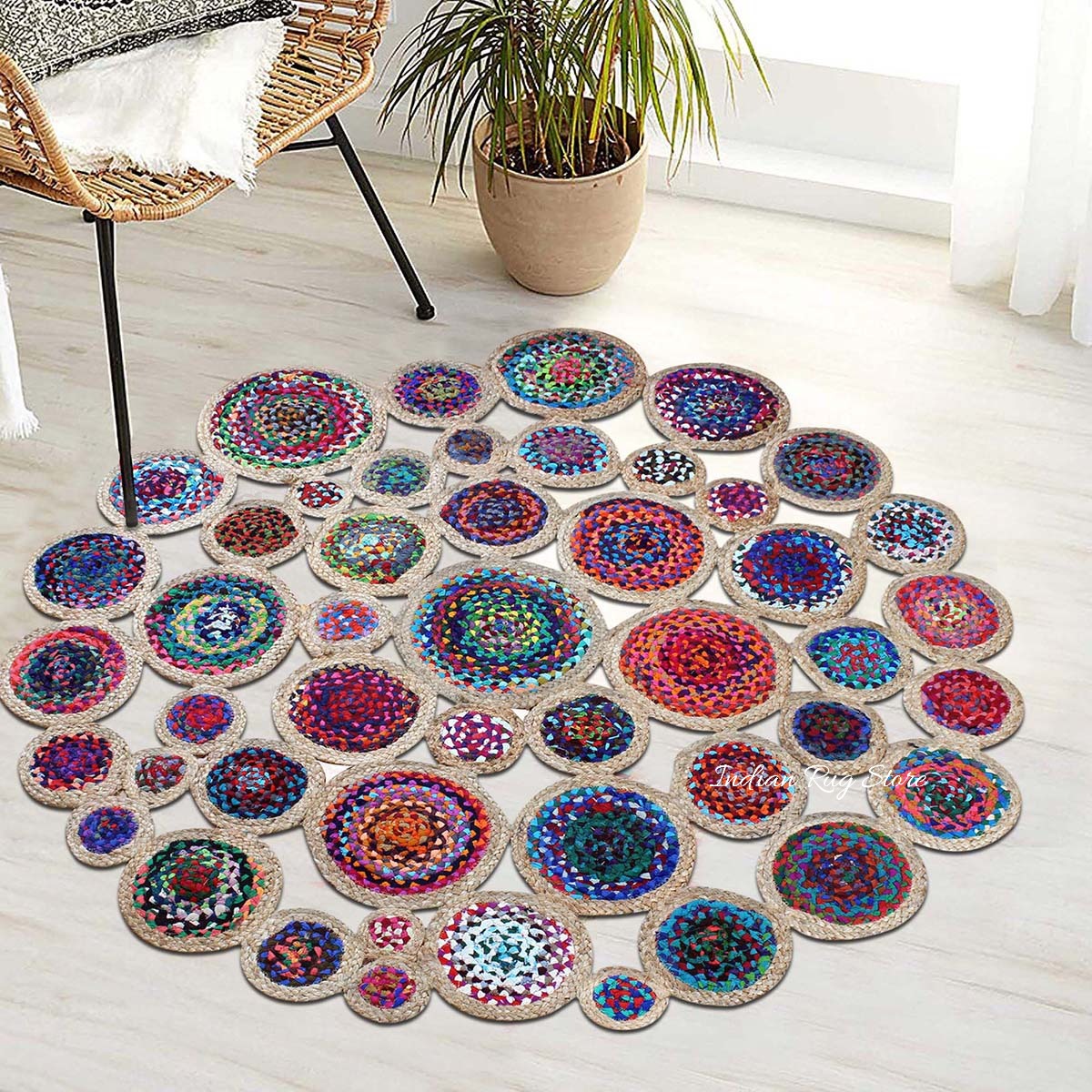 Multicolor Beige Hand Braided Round Farmhouse Decor Cotton Jute Rug