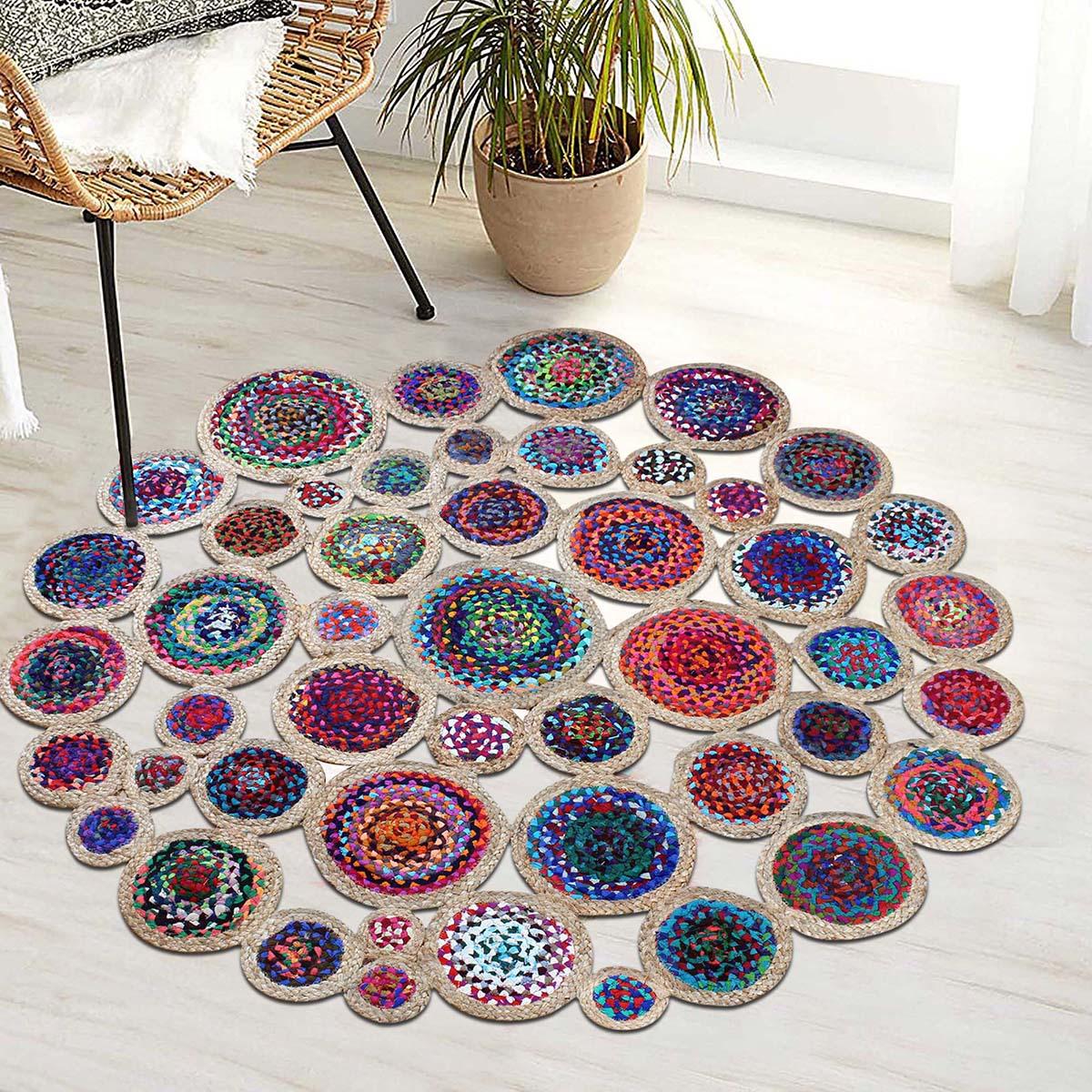 Multicolor Beige Hand Braided Round Farmhouse Decor Cotton Jute Rug - Indian Rug Store