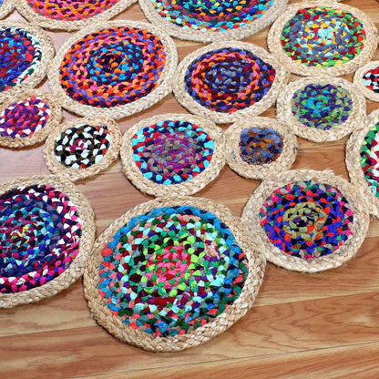 Multicolor Beige Hand Braided Round Farmhouse Decor Cotton Jute Rug - Indian Rug Store