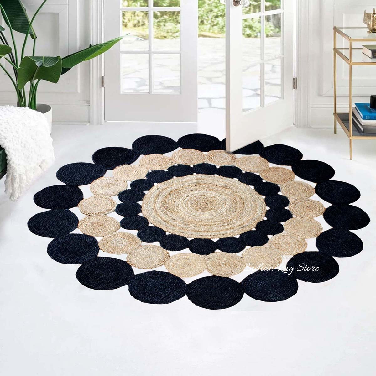 Oriental Hand Braided Beige Black Jute Outdoor Round Area Rug