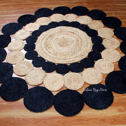 Oriental Hand Braided Beige Black Jute Outdoor Round Area Rug