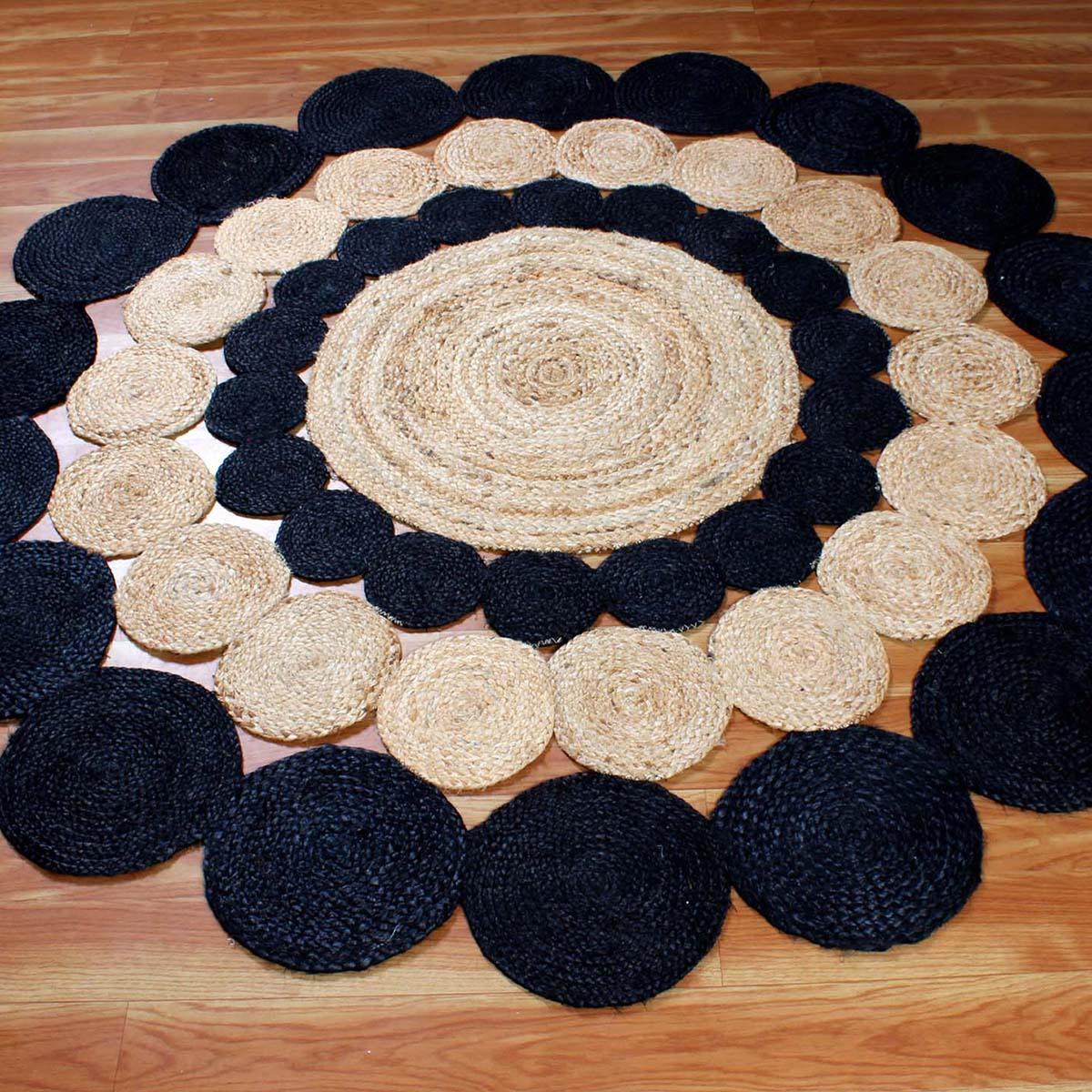 Oriental Hand Braided Beige Black Jute Outdoor Round Area Rug - Indian Rug Store