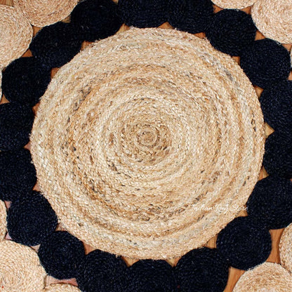 Oriental Hand Braided Beige Black Jute Outdoor Round Area Rug