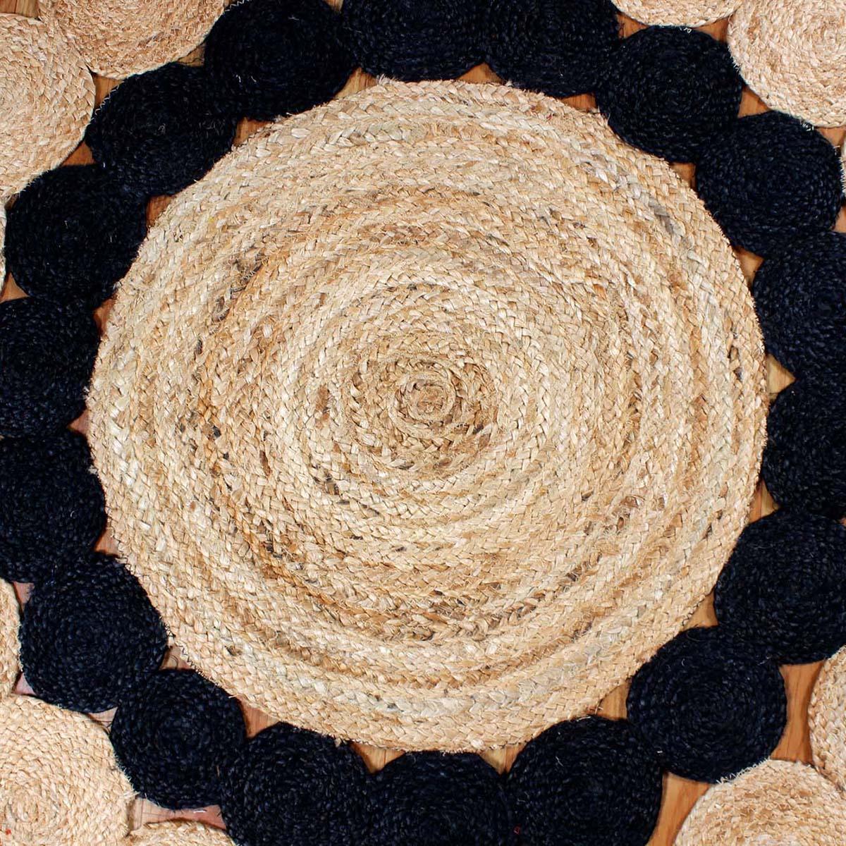 Oriental Hand Braided Beige Black Jute Outdoor Round Area Rug - Indian Rug Store