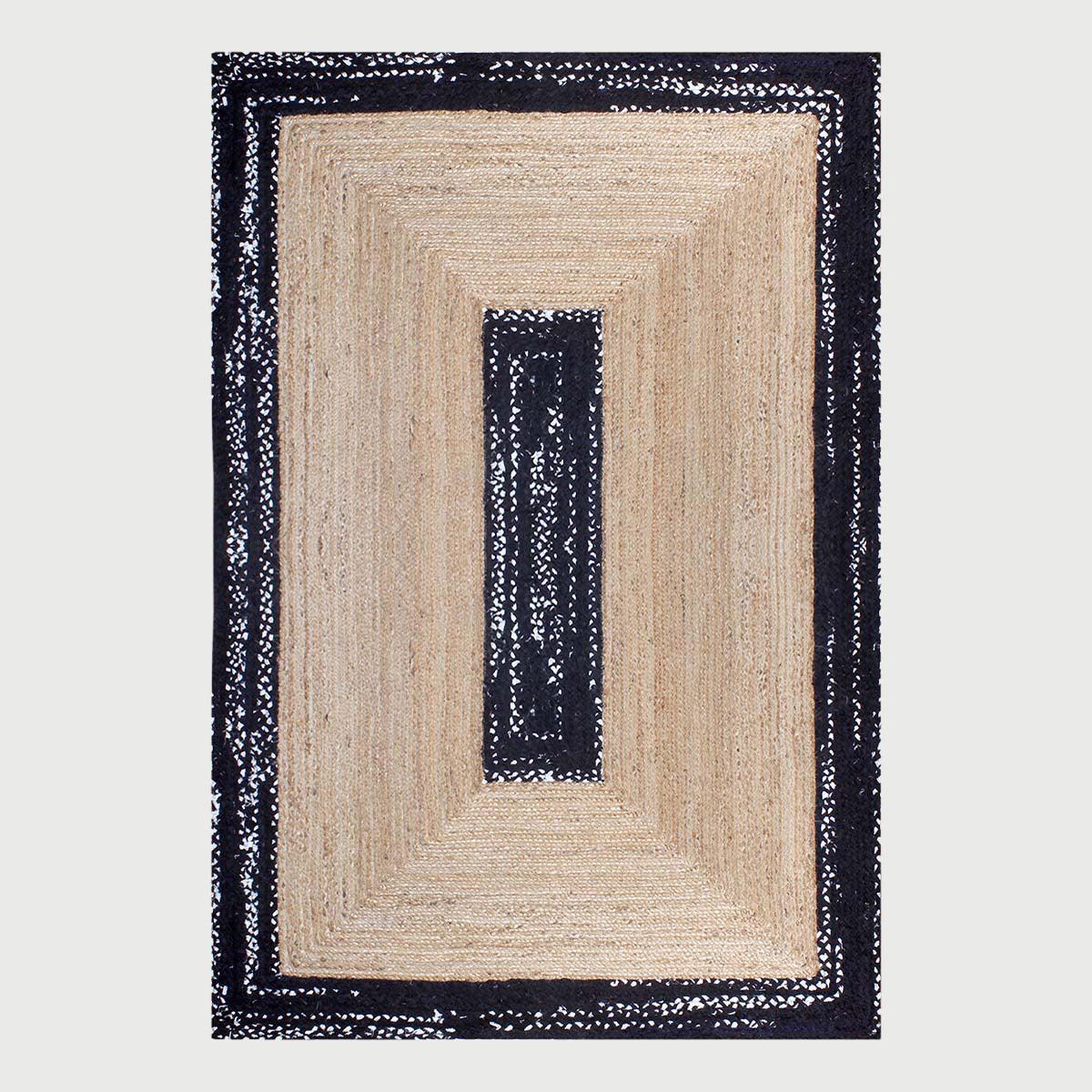 Black Beige Hand Braided Geometric Dining Hall Decor Cotton Jute Rug - Indian Rug Store