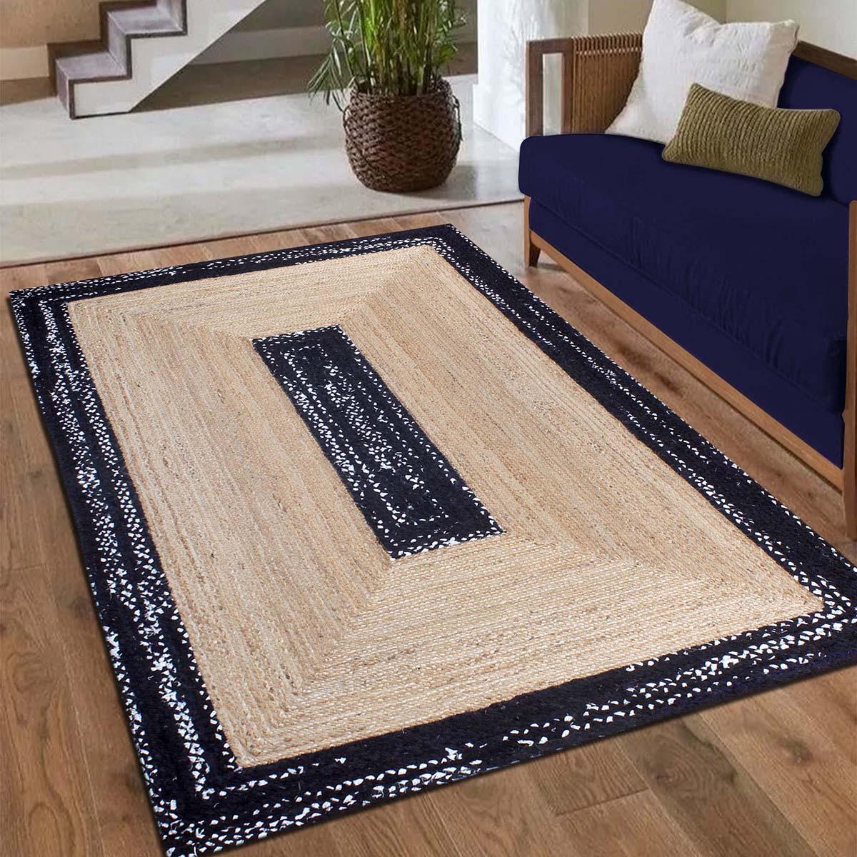 Black Beige Hand Braided Geometric Dining Hall Decor Cotton Jute Rug - Indian Rug Store