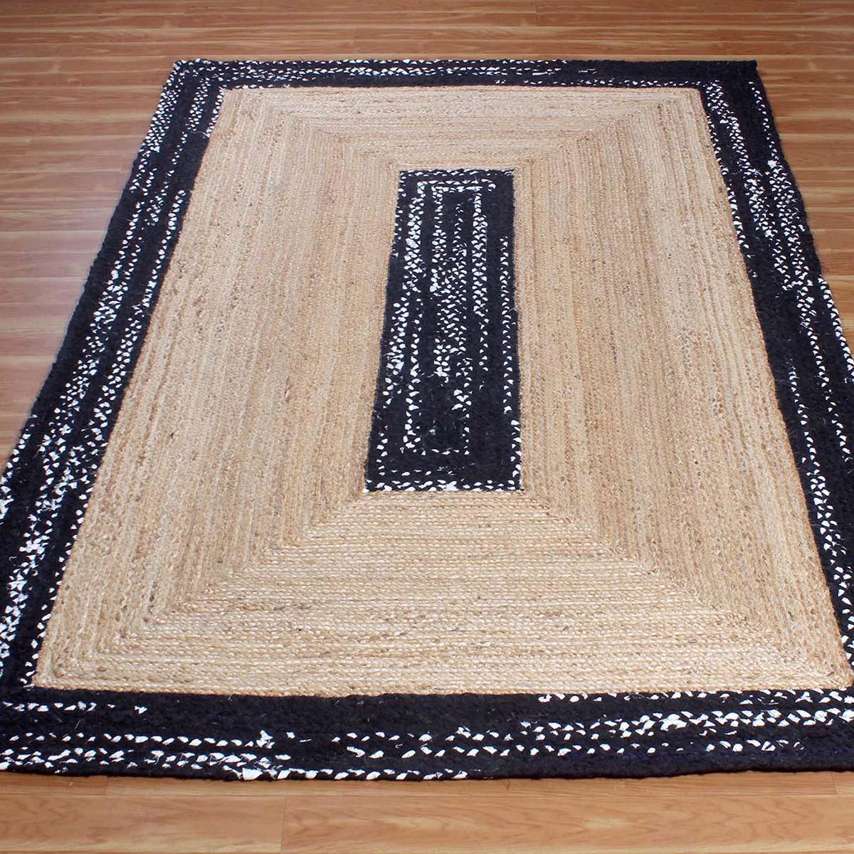 Black Beige Hand Braided Geometric Dining Hall Decor Cotton Jute Rug - Indian Rug Store