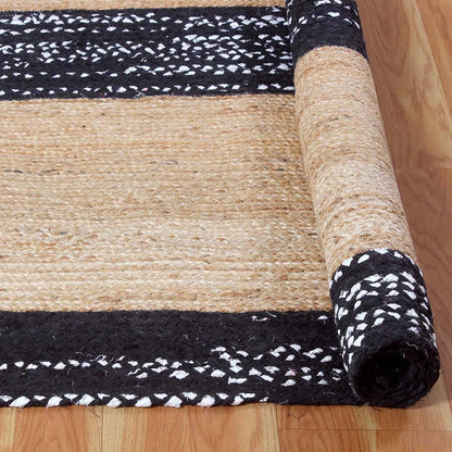 Black Beige Hand Braided Geometric Dining Hall Decor Cotton Jute Rug - Indian Rug Store