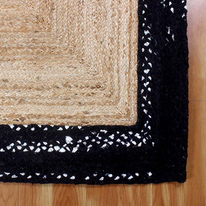 Black Beige Hand Braided Geometric Dining Hall Decor Cotton Jute Rug - Indian Rug Store