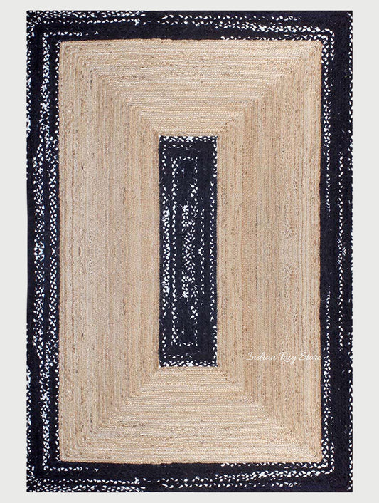 Black Beige Hand Braided Geometric Dining Hall Decor Cotton Jute Rug