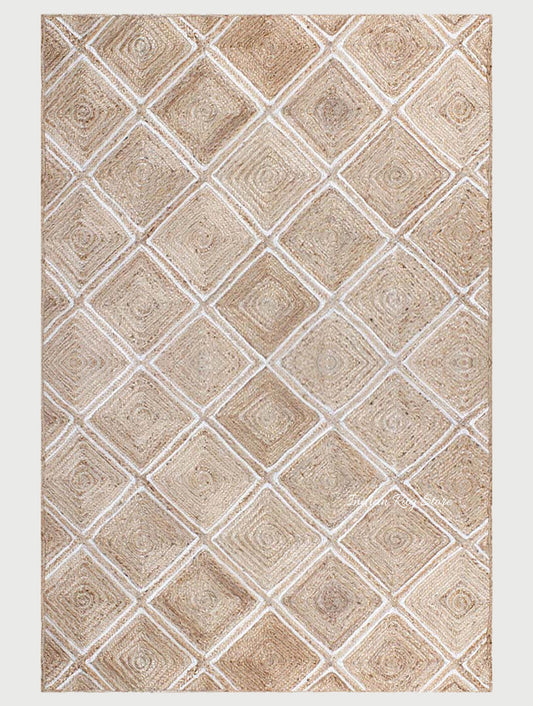 Alfombra de yute trenzada a mano en color beige y blanco de estilo moderno con forma de casa marina