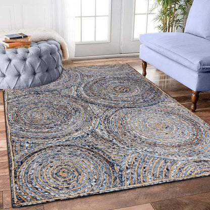 Beige Blue Geometrical Hand Braided Home Decor Cotton Jute Rug