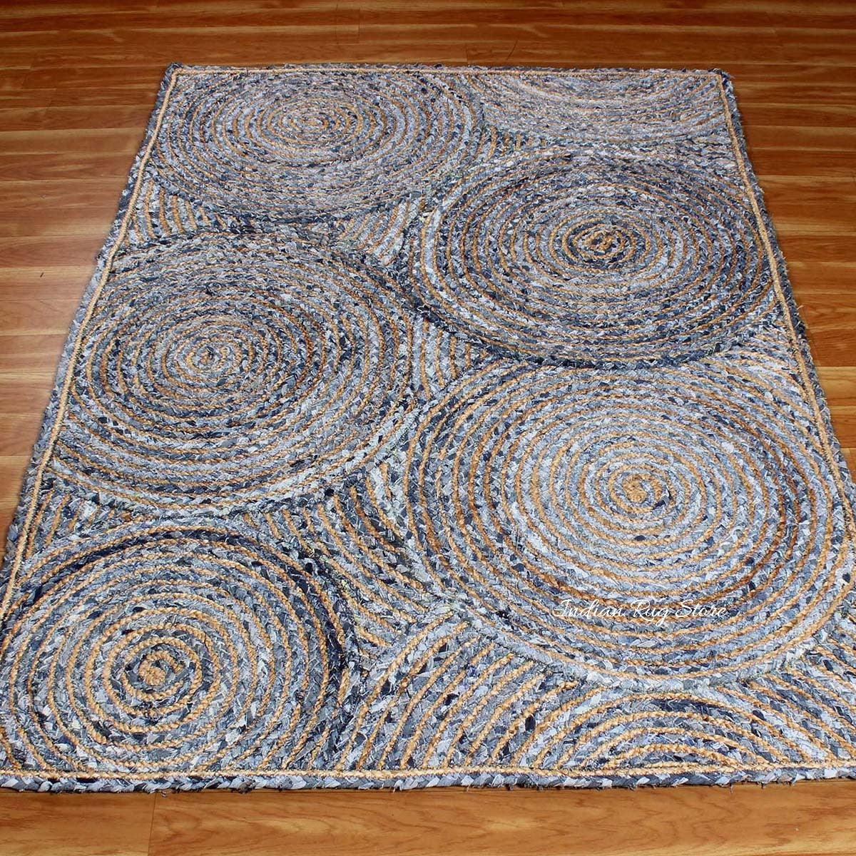 Beige Blue Geometrical Hand Braided Home Decor Cotton Jute Rug