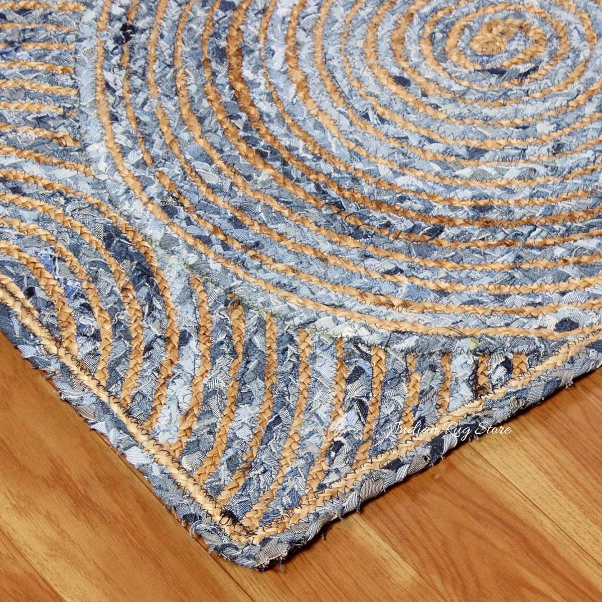 Beige Blue Geometrical Hand Braided Home Decor Cotton Jute Rug