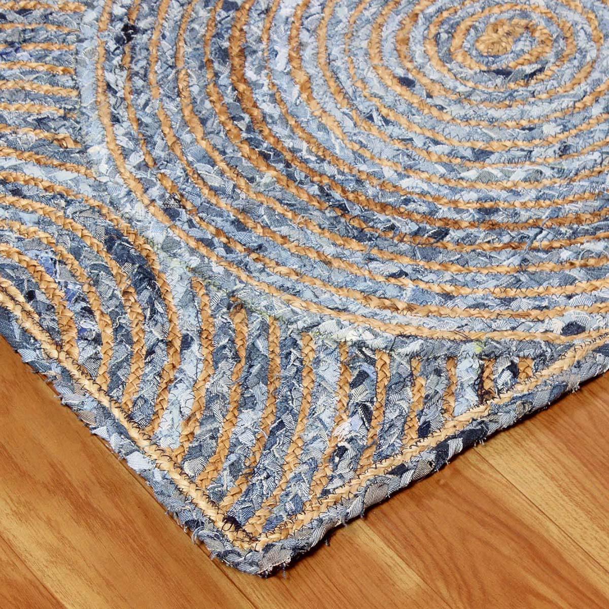 Beige Blue Geometrical Hand Braided Home Decor Cotton Jute Rug - Indian Rug Store