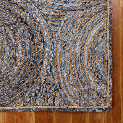 Beige Blue Geometrical Hand Braided Home Decor Cotton Jute Rug