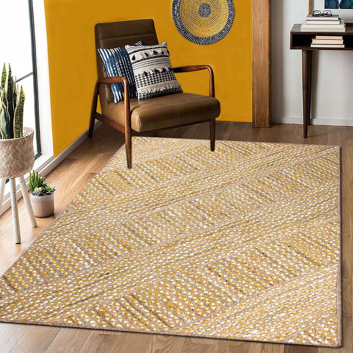 Bedroom Decor Yellow Multicolor Geomtrical Hand Braided Cotton Jute Rug - Indian Rug Store