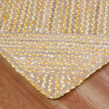 Bedroom Decor Yellow Multicolor Geomtrical Hand Braided Cotton Jute Rug - Indian Rug Store